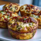 Freshly baked Breakfast Egg Muffins featuring diced bell peppers and onions, served warm on a rustic plate.