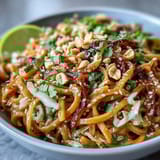 A close-up of an Asian Peanut Noodle Bowl topped with chopped peanuts and sesame seeds, served with lime wedges.