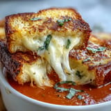 Close-up of crispy mini grilled cheese dippers ready to dunk in steaming tomato soup.