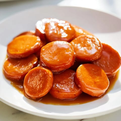 Close-up of glistening candied yams, showcasing soft sweet potatoes soaked in rich brown sugar syrup.