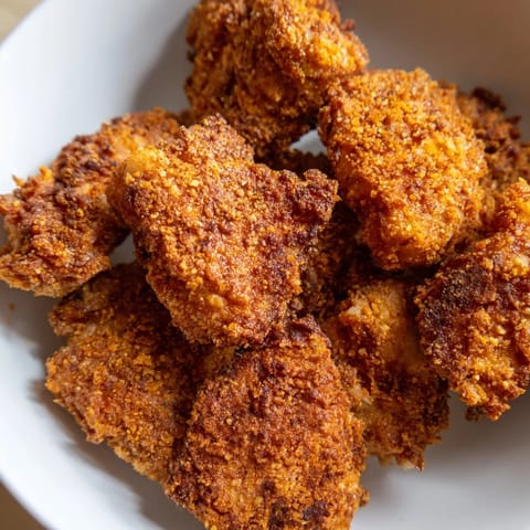 Homemade chicken nuggets with a crunchy breadcrumb coating, ideal for a family meal.