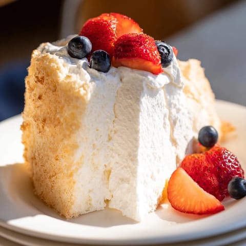 A tall, golden-brown angel food cake, perfectly airy and ready for fresh berries and cream.