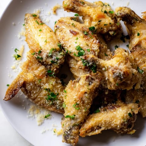 A close-up of delicious Garlic Parmesan Wings with visible parmesan and fresh parsley garnish.