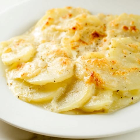 A close-up of a baking dish reveals rich, cheesy Au Gratin Potatoes, perfect side dish for dinner.