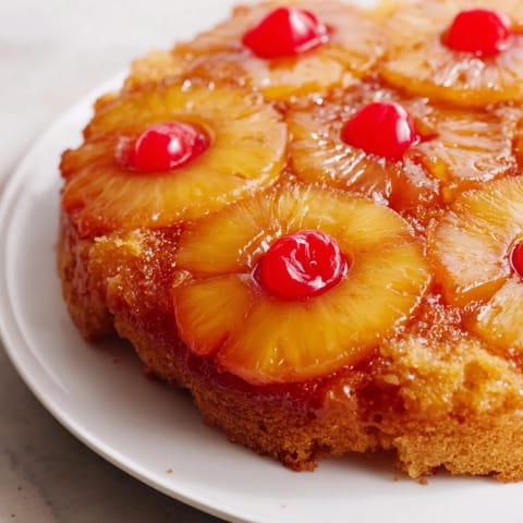 A warm, beautifully inverted Pineapple Upside-Down Cake, showcasing a moist cake base and sweet fruit.