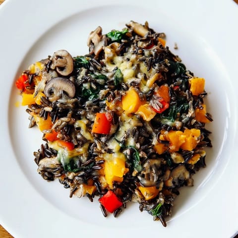 Steaming wild rice casserole with mushrooms and vegetables, a comforting vegetarian dish ready to serve.