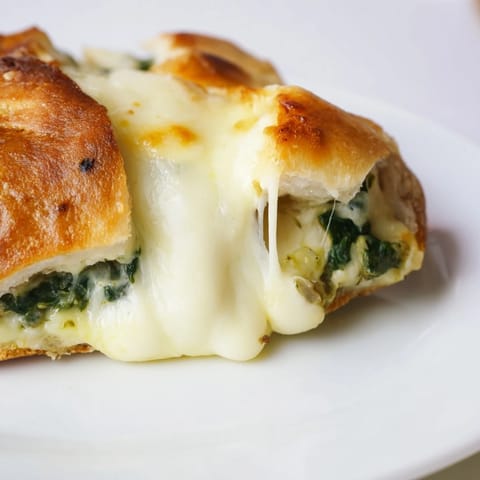 A close-up of Spinach Artichoke Grilled Cheese reveals a hearty spinach and artichoke mixture, perfectly melted between golden sourdough slices, ready to eat.  
