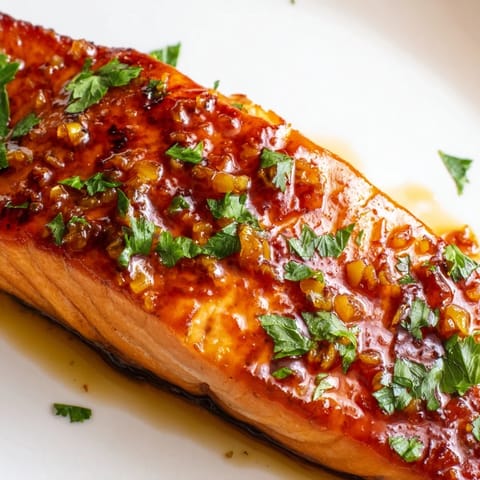 Tender salmon fillets brushed with a sweet honey garlic glaze, glistening under warm oven light on a baking sheet.