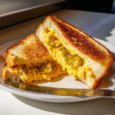 A close-up view of a Cheddar Jalapeño Grilled Cheese, showing crispy bread, melty cheese, and vibrant green pickled jalapeño pieces.  