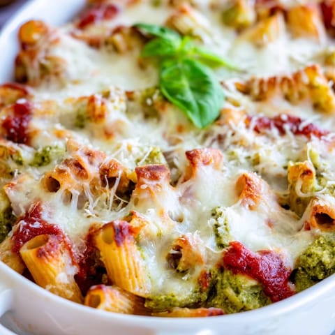 Golden, bubbly mozzarella tops this hearty Pesto Chicken Pasta Bake, with tender chicken and basil pesto clinging to penne in a rich tomato sauce.  