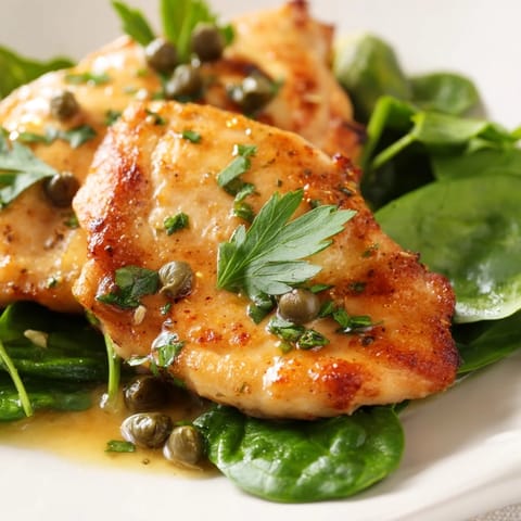 Spinach Lemon Butter Chicken rests on a bed of bright green spinach, with lemon slices and a glossy butter sauce drizzled on top.