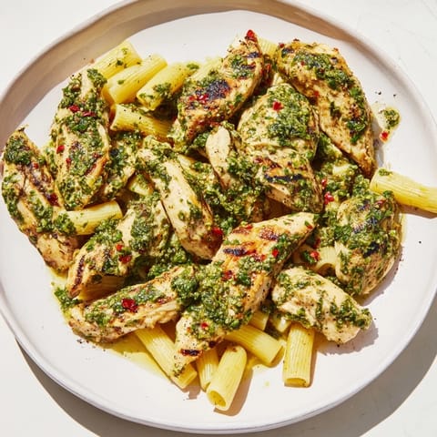 Brightly colored chimichurri chicken pasta with grilled chicken strips and al dente penne, drizzled with herby green sauce on a rustic plate.