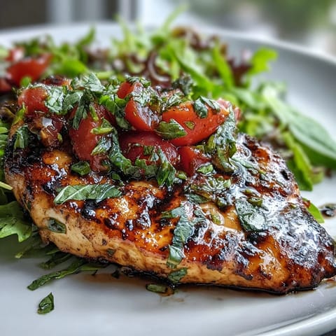 Grilled sliced Bruschetta Chicken Salad with fresh tomatoes and basil on mixed greens.  