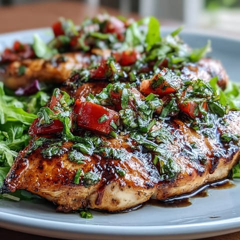 A platter of Bruschetta Chicken Salad featuring juicy chicken and vibrant tomato topping.  