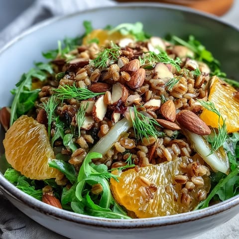 Perfectly chilled Mediterranean salad with chewy farro, fresh fennel, and juicy orange slices, garnished with parsley and sliced almonds.