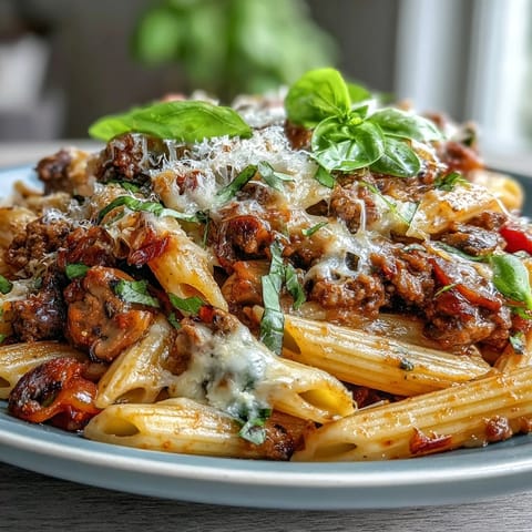 A close-up of High Protein Italian Beef and Pasta Bake, with melted mozzarella and Parmesan bubbling over whole wheat penne, beef, and vegetables.  