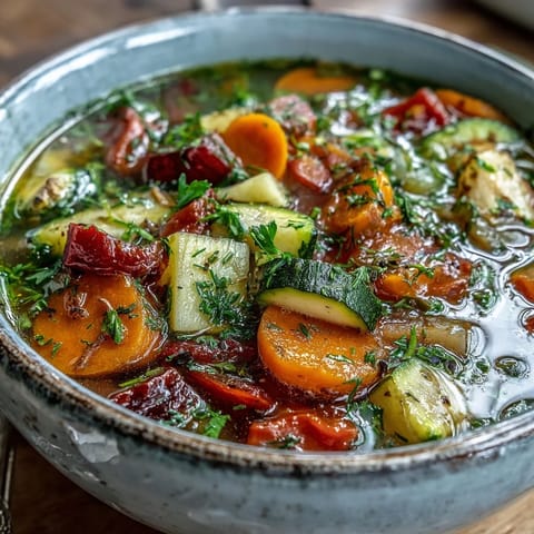 A steaming bowl of Rainbow Vegetable Detox Soup, showcasing vibrant red beetroot, green zucchini, and fresh herbs.  