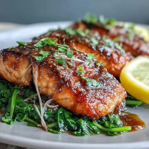 Miso Salmon on Sautéed Spinach features tender, glazed salmon fillets resting on wilted spinach with fresh ginger.