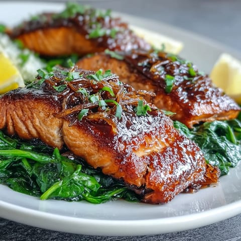A close-up of baked Miso Salmon on Sautéed Spinach with a glossy glaze and lemon wedges for a bright finish.