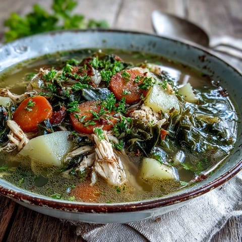 Tender shredded chicken and vibrant collard greens swirl in a steaming bowl of hearty soup.