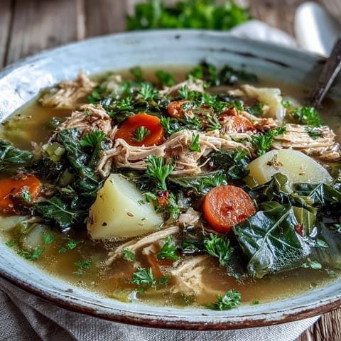 A spoon rests beside creamy potatoes and carrots in this nourishing homemade chicken collard green soup.