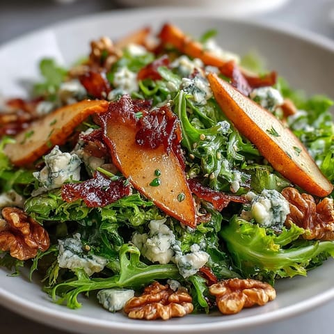 A close-up of the Frisée, Pear, Blue Cheese, and Crispy Prosciutto Salad with tangy vinaigrette drizzled over the vibrant greens.  