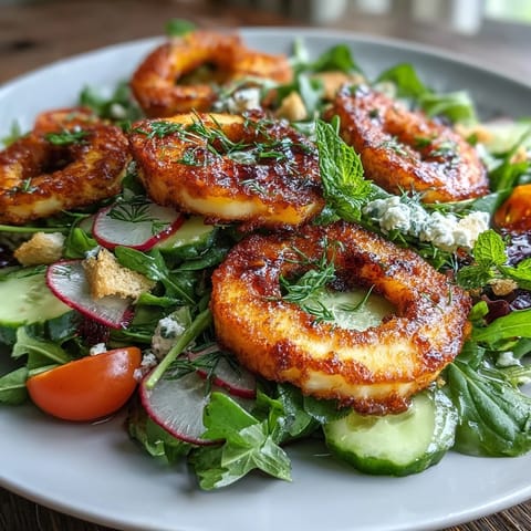 Crispy golden halloumi and juicy blood orange slices top a vibrant Halloumi Blood Orange Fattoush salad with fresh greens and crunchy sourdough croutons.