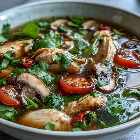 Steaming pot of Tom Yum Chicken with lemongrass, chilies, and mushrooms showcasing the aromatic, spicy broth.