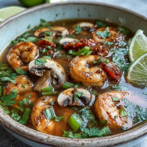 Fragrant steam rises from hot Tom Yum Soup, garnished with cilantro and green onions, served alongside lime wedges and steamed jasmine rice.