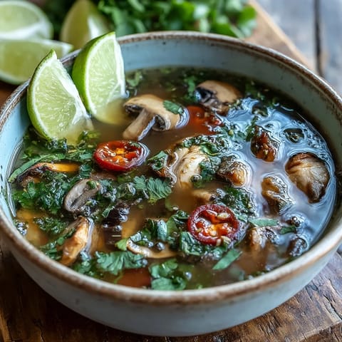 A close-up of spicy Thai Tom Yum Gai, featuring juicy tomatoes, lemongrass, and chili paste infused broth.
