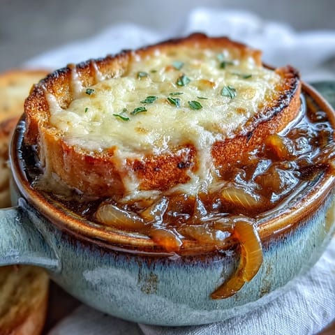 Golden-brown French Onion Soup bubbling in an oven-safe bowl, topped with toasted bread and melted Gruyère cheese.