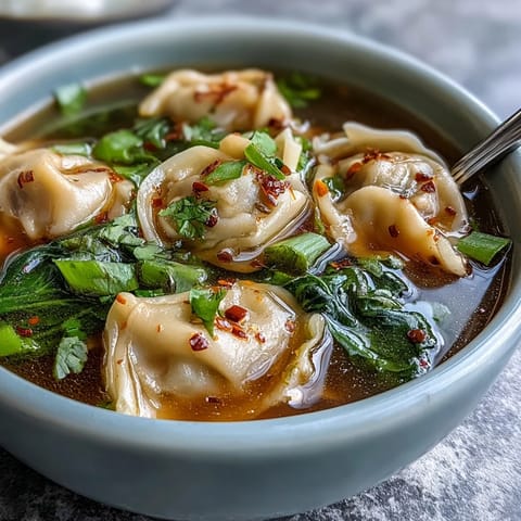 A close-up bowl of Tom Yum Wonton Soup features steaming, clear broth, plump pork dumplings, and vibrant kaffir lime leaves for a zesty aroma.
