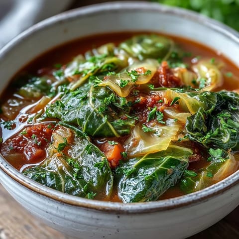 Steaming hot Classic Cabbage Soup ladled into a rustic bowl, showcasing vibrant vegetables and herbs—perfect for a cozy, healthy vegetarian meal.