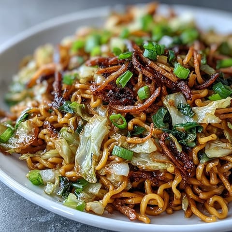 A close-up of glossy Fried Cabbage Ramen noodles with crunchy, golden cabbage and fresh scallion garnish.