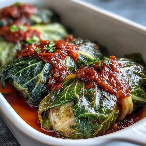 Golden-baked cabbage rolls in a rich tomato sauce, garnished with fresh parsley, served as a comforting main dish.