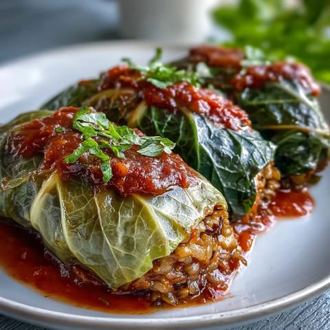 Tender whole cabbage leaves stuffed with hearty lentils and brown rice, garnished with fresh parsley and served alongside mashed potatoes.