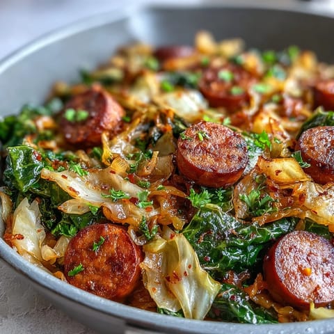One-pan Southern Smothered Cabbage With Sausage Skillet with caramelized onions and a splash of chicken broth.
