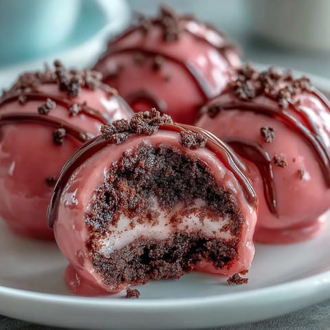 Freshly dipped Oreo Truffle Balls with a glossy pink candy coating, served chilled on a white plate.