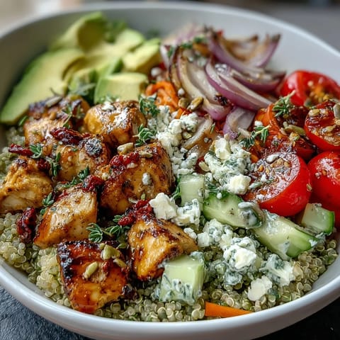 Colorful Simple Grain Bowl featuring quinoa, grilled chicken, pumpkin seeds, and creamy avocado.