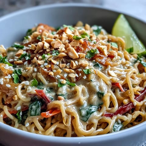 Freshly cooked rice noodles tossed with crisp carrots, bell peppers, and a creamy peanut dressing in a colorful bowl.