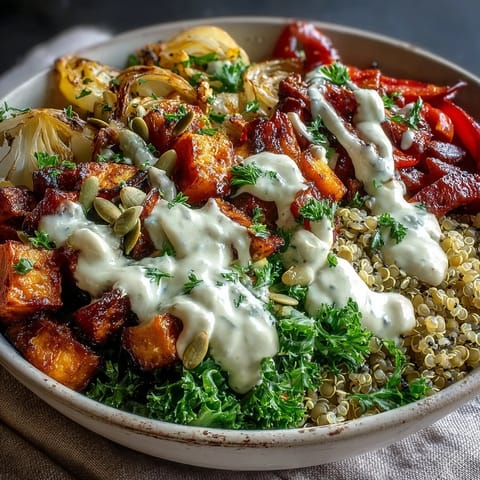 A colorful Lentil Power Bowl with fluffy quinoa, roasted vegetables, and a drizzle of tahini dressing.