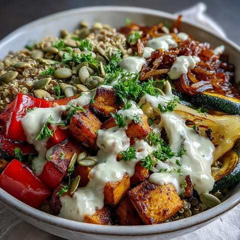 This Lentil Power Bowl features golden roasted sweet potatoes and bell peppers over a bed of lentils and grains.