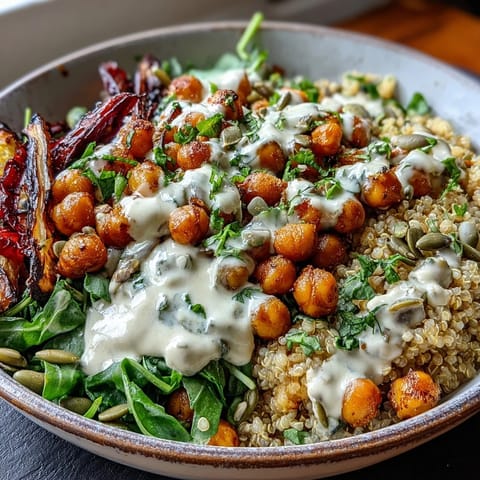 Overhead view of a colorful Chickpea Power Bowl filled with spiced chickpeas, roasted sweet potatoes, and fresh avocado.