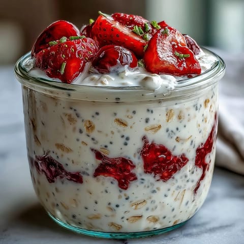 Healthy Easy Overnight Oats with Strawberry and Chia, topped with fresh strawberries and crunchy nuts for a vibrant, wholesome breakfast.  