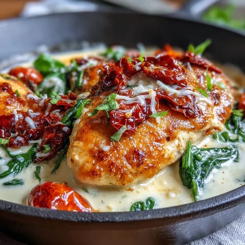 One-pan Creamy Tuscan Chicken with sun-dried tomatoes and wilted spinach in a luscious sauce