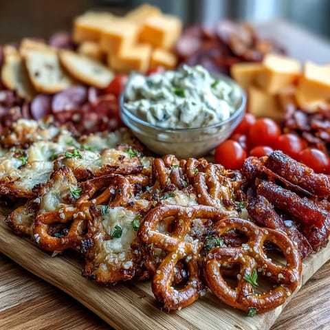 Game Day Baseball Snack Board with Pretzels and Dips featuring soft pretzel bites, beer cheese dip, and assorted cheeses for sharing.
