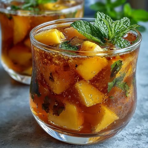 A tall glass of Mango Peach Iced Tea with Mint, garnished with fresh mint and peach slices, served over ice.  