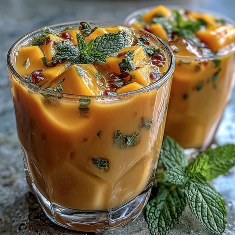 Refreshing homemade Mango Peach Iced Tea with Mint, featuring ripe mango and peach purée, chilled and ready to sip.  