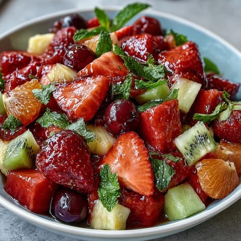 A vibrant bowl of strawberry lemonade fruit salad with juicy strawberries, blueberries, and pineapple in a zesty citrus dressing.