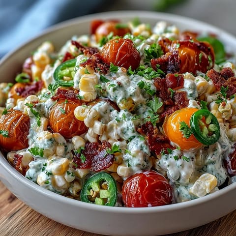 Creamy Corn Salad with Jalapeño in a white bowl, garnished with fresh cilantro and cherry tomatoes.
